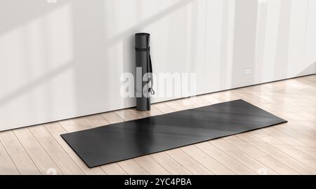 Tappetino da yoga in rotolo nero vuoto in mockup per area sportiva, rendering 3d. Classe hobby vuota con moquette per uno stile di vita sano, backgroun ombra Foto Stock