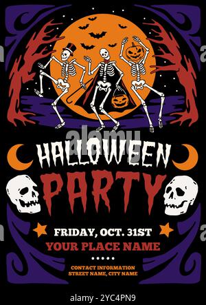 Festa di halloween con scheletro danzante. Invito per le festività, personaggi spaventosi, giorno dei morti, luna piena e pipistrelli, biglietto d'auguri, poster, cartoni animati Illustrazione Vettoriale