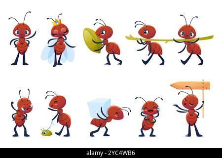 Personaggi delle formiche dei cartoni animati. Piccoli insetti simpatici eseguono diverse azioni ed emozioni, divertenti mascotte infantili lavorano e si rilassano, creature della foresta selvatica Illustrazione Vettoriale