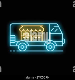 Food truck al neon che offre cibo di strada di notte con un cartello giallo brillante sul lato del veicolo Illustrazione Vettoriale