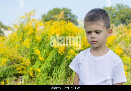 il bambino starnutisce in un tovagliolo, allergico all'erba. messa a fuoco selettiva. Foto Stock