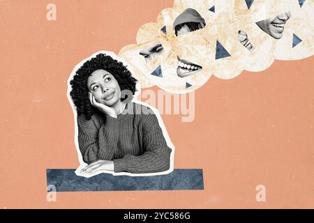 Foto collage creativo giovane eccitata donna sognante pensa immagina fantasiosa risate divertimento viso frammenti sorriso disegnare sfondo Foto Stock