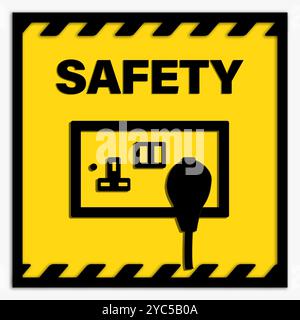Segnale di sicurezza (forma quadrata gialla e nera) che mostra una presa elettrica per il Regno Unito con interruttori per la prevenzione dei rischi per i cantieri edili o per il personale Foto Stock