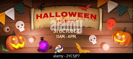 Striscione di Halloween. Sfondo di zucca felice, trucco o dolcetto. Carine, mazza spettrale per le feste autunnali. zucca 3d e ragno raccapricciante, poster orizzontale degli inviti per le festività. Design del volantino vettoriale Illustrazione Vettoriale