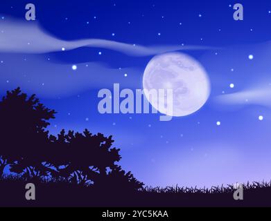 Cielo blu notte. Luna piena. Stelle e nuvole. Silhouette nera foresta. Scintillio al crepuscolo. Mezzanotte illuminata dalle stelle. Alberi da prato. Natura selvaggia. Luce della luna. Scenario notturno. Paesaggio serale vettoriale al crepuscolo Illustrazione Vettoriale