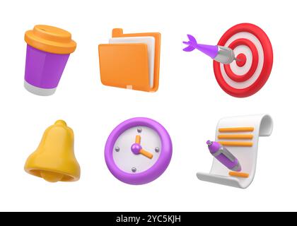 Icone della scuola 3D. Strumenti didattici. Firma del documento. Matita e penna. Studiando notebook. Cartella Office. Rendering del libro. Orologio del tempo. Tazza di caffè. Bersaglio di freccette. Campana in plastica. Set di elementi di cancelleria vettoriale Illustrazione Vettoriale