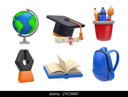 Icone della scuola. Libro degli studenti 3D. Studiando notebook. Rendering cancelleria. Cappello di graduazione. Penna o matita. Globo geografico. Manuale di apprendimento. Strumenti universitari per la conoscenza del lavoro. Set di oggetti cartoni animati vettoriali Illustrazione Vettoriale