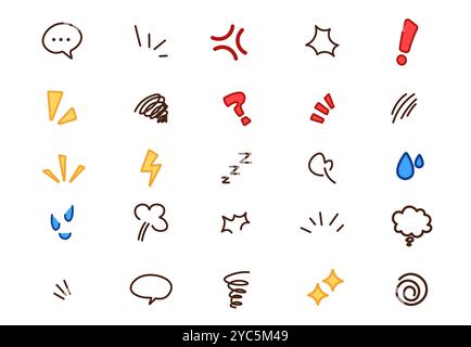 Icone dei cartoni animati. Elementi di linea accattivanti per un effetto adesivo. Emoji disegnate a mano. Decorazione emoticon. Bolle di pensiero o di discorso. Cartello spazzola antiurto. Freccia e lacrime. Set di simboli di espressione fumetti del disegno vettoriale Illustrazione Vettoriale