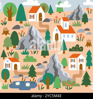Villaggio di montagna. Paesaggio cittadino minimale. Architettura cittadina. Case agricole. Rocce e alberi. Schema degli edifici stradali. Il panorama del quartiere. Campo verde e nuvola. Parco urbano. Sfondo del sobborgo vettoriale Illustrazione Vettoriale