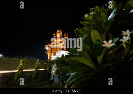 Statua isolata del santo signore indù Shiva nella postura della meditazione con cielo nero scuro di notte Foto Stock