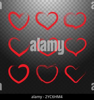 Una serie di contorni cardiaci su sfondo scuro. Una collezione di adesivi per il cuore. Icone per San Valentino. Illustrazione Vettoriale