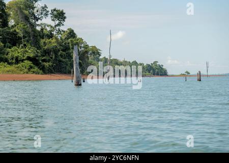 Uno sguardo alla tranquillità del lago Van Blommenstijn, incorniciato da alberi morti e coste rocciose. Foto Stock