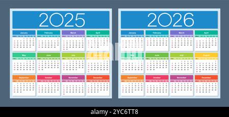 Calendario colorato per 2025 e 2026 anni. La settimana inizia domenica. Illustrazione vettoriale isolata. Illustrazione Vettoriale
