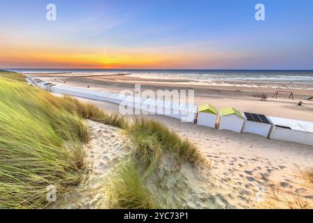 Case sulla spiaggia di Westkapelle viste dalle dune di Zeeland al tramonto, Paesi Bassi. Paesaggio scenario della natura in Europa. Foto Stock