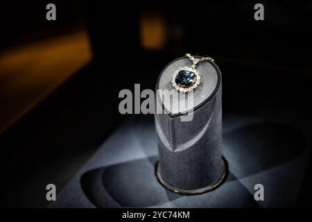 WASHINGTON DC, Stati Uniti - il diamante Hope, un raro diamante blu 45,52-carati, è una delle pietre preziose più famose al mondo. È in mostra permanente allo Smithsonian National Museum of Natural History di Washington DC. Donata dal gioielliere Harry Winston nel 1958, questa gemma iconica ha una storia storica risalente a secoli fa. Foto Stock