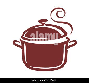 Icona cucina. Cibo, arte culinaria, badge con il logo della cena. Pentola con coperchio vettoriale Illustrazione Vettoriale