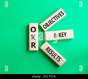 Obiettivi OKR e simbolo dei risultati chiave. Blocchi di legno con parole obiettivi OKR e risultati chiave. Bellissimo sfondo verde. Business e OKR. Foto Stock