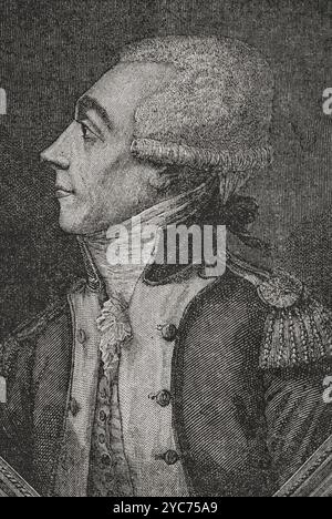 Gilbert du Motier de la Fayette, Marchese de la Fayette (1757-1834). Aristocratico francese, ufficiale militare e politico. Combatté come generale contro l'Impero britannico nella guerra d'indipendenza americana. Eletto negli Stati generali nel 1789. Verticale. Incisione. "Storia della Rivoluzione francese". Volume i, 1876. Foto Stock