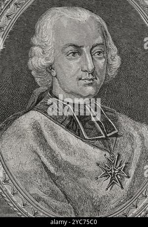 Louis-René de Rohan (Louis René Edouard de Rohan) (1734-1803). Prelato francese. Vescovo di Strasburgo (1779-1801). Fu coinvolto nello scandalo della vicenda della collana di diamanti (1784-1786), che colpì la regina Maria Antonietta. Verticale. Incisione. Verticale. Incisione. "Storia della Rivoluzione francese". Volume i, 1876. Foto Stock