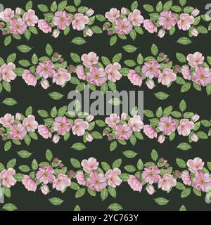 Acquerello con fiori rosa canina, boccioli di rosa e foglie verdi. Clipart con motivo floreale senza cuciture disegnato a mano. Ideale per la stampa di tessuti, la progettazione di carta da parati, tessuti per la cucina o imballaggi Foto Stock