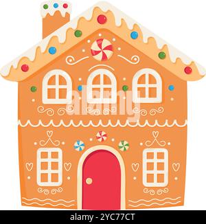 Gingerbread House decorata con glassa. Biscotti di Natale con decorazioni. Dolci invernali. Illustrazione Vettoriale