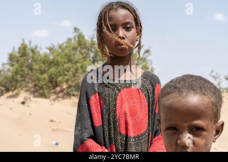 Close-up di una ragazza Afar nel villaggio di Ahmed Ela, Danakil depressione, regione di Afar, Etiopia Foto Stock