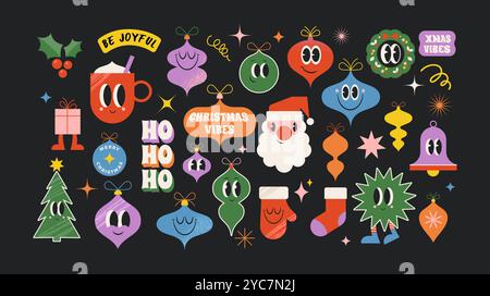 Buon Natale, collezione di cartoni animati divertenti, adesivi, illustrazioni. Ornamenti natalizi in stile retrò moderno, Babbo Natale, albero di Natale con volti divertenti Illustrazione Vettoriale