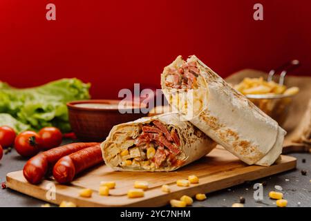 Involtino alla griglia ripieno di salsiccia, mais e formaggio fuso. Pasto abbondante o cibo di strada Foto Stock