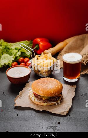 Classico cheeseburger con patatine fritte e birra su sfondo rustico, perfetto per il pranzo o la cena Foto Stock