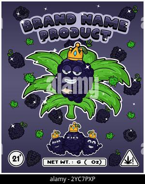 Cartoon blackberry Flavor con foglia di cannabis, progettato per logo, etichetta o confezione. Marchio del prodotto nell'industria della cannabis, specialmente per i commestibili Illustrazione Vettoriale