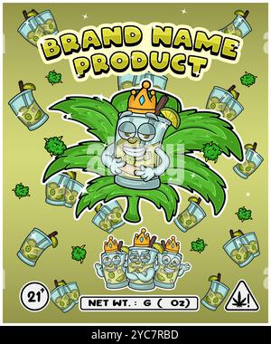 Sapore di mojito cartoni animati con foglia di cannabis, progettato per logo, etichetta o imballaggio. Marchio del prodotto nell'industria della cannabis, specialmente per i commestibili, oi Illustrazione Vettoriale