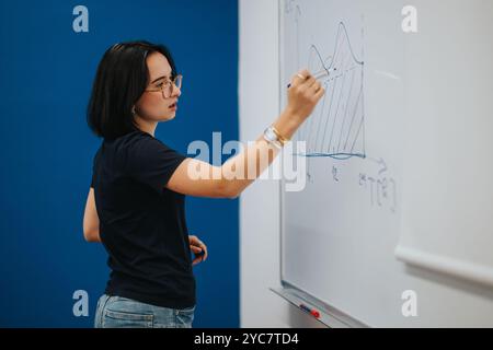 Giovane donna che insegna in classe, disegnando su una lavagna bianca Foto Stock
