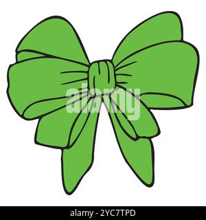 Delicato nastro vintage disegnato a mano. Elegante icona a forma di doodle, colore piatto verde e nero Illustrazione Vettoriale