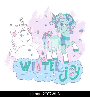 Un simpatico unicorno sta con un pupazzo di neve. Illustrazione vettoriale di un animale mitico in stile cartoni animati. Concetto invernale e natalizio. Per la stampa, i biglietti, l'invito Illustrazione Vettoriale