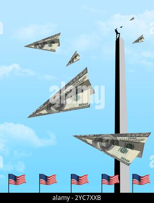 Una figura in cima al monumento a Washington lancia una banconota da un dollaro piegata in aeroplani di carta dalla cima del monumento. Questa è una illustrazione in 3D. Foto Stock