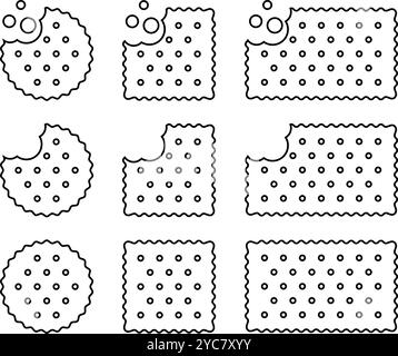 Set di icone cracker intere e morse. Biscotti dolci o salati in forma rotonda, quadrata e rettangolare. Spuntini croccanti o patatine isolate su sfondo bianco. Illustrazione grafica vettoriale. Illustrazione Vettoriale