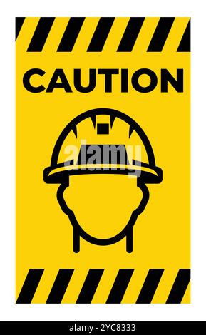 Questa immagine presenta un cartello di attenzione con l'icona di un casco da costruzione, ideale per la consapevolezza della sicurezza negli ambienti di lavoro. I colori vivaci migliorano la visibilità. Illustrazione Vettoriale