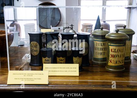 Vasi farmaceutici in legno del XVIII secolo al museo della farmacia di Sibiu, Romania Foto Stock