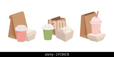 Contenitori monouso per fast food. Contenitori per la consegna di alimenti da asporto, scatole di cartone, sacchetti di carta e tazze di plastica per set di illustrazioni vettoriali piatti per bevande Illustrazione Vettoriale