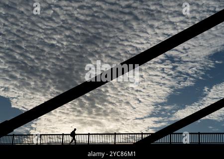 Francoforte, Assia, Germania. 21 ottobre 2024. Un uomo attraversa un ponte a Francoforte, in Germania. (Immagine di credito: © Matias Basualdo/ZUMA Press Wire) SOLO PER USO EDITORIALE! Non per USO commerciale! Foto Stock