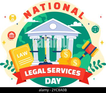 National Legal Services Day Vector Illustration con scale e libri di legge per giustizia e pari diritti per tutti nella società in un contesto Illustrazione Vettoriale