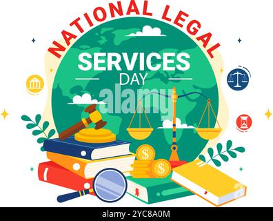 National Legal Services Day Vector Illustration con scale e libri di legge per giustizia e pari diritti per tutti nella società in un contesto Illustrazione Vettoriale