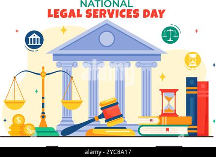 National Legal Services Day Vector Illustration con scale e libri di legge per giustizia e pari diritti per tutti nella società in un contesto Illustrazione Vettoriale