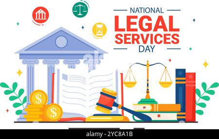 National Legal Services Day Vector Illustration con scale e libri di legge per giustizia e pari diritti per tutti nella società in un contesto Illustrazione Vettoriale