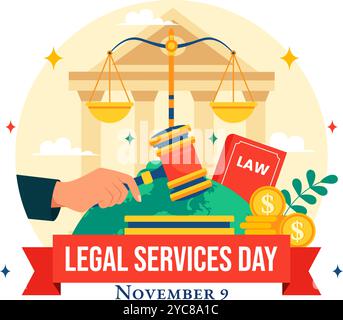 National Legal Services Day Vector Illustration con scale e libri di legge per giustizia e pari diritti per tutti nella società in un contesto Illustrazione Vettoriale