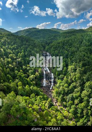 Cascate Whitewater con acque cristalline che cadono dai massi rocciosi tra verdi boschi lussureggianti nella Nantahala National Forest, North Carolina, Stati Uniti. Foto Stock