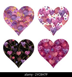 Questi vivaci motivi a forma d'acquerello viola sono ideali per aggiungere fascino a vari progetti e design romantici o artistici. Oggetti isolati su sfondo bianco. Foto Stock