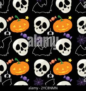 Teschi, zucche, pipistrelli e caramelle su sfondo nero Illustrazione Vettoriale