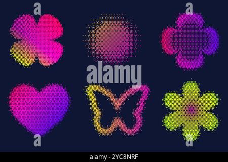 Forme di pattern pixel. Fiore e stella a cuore testurizzato con gradiente dithering bitmap Y2K. Farfalla vettoriale retrò con un vecchio effetto grafico di gioco per computer Illustrazione Vettoriale