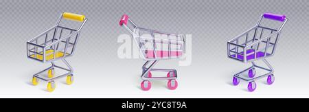 Carrello della spesa in metallo con ruote e maniglie colorate. Cartoon 3d realistico vettore vuoto per l'acquisto di generi alimentari. Illustrazione a cartoni animati del carrello con angoli di visualizzazione diversi. Illustrazione Vettoriale